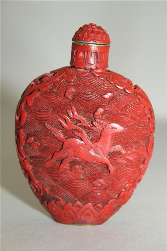 A Chinese cinnabar lacquer flask shaped snuff bottle, 1800-1900, 7.5cm